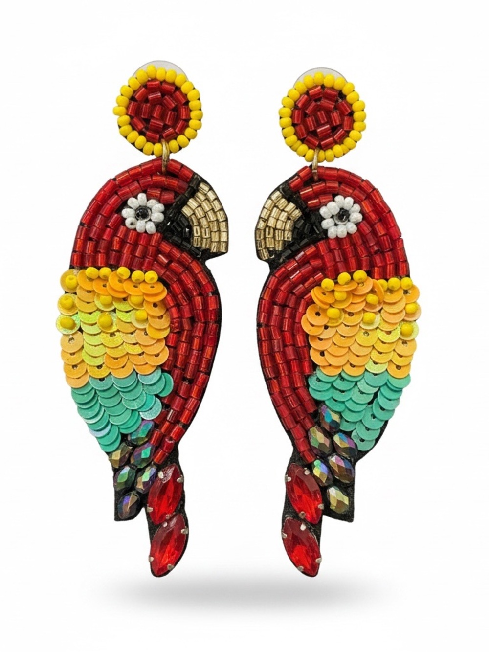 Beaded Parrot Statement Earrings Colorful Tropical Bird Dangle - Picture 2 of 4
